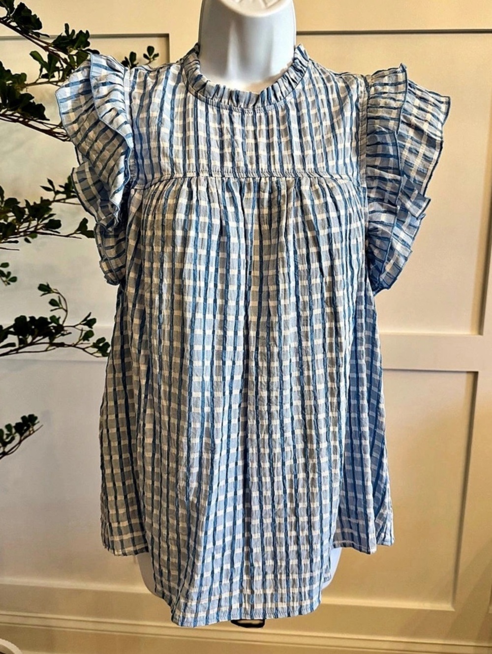 umgee Gingham Check Blouse with Ruffle Sleeves Blue & White Small